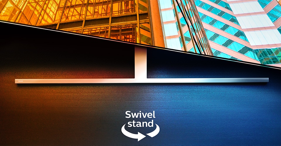 Un téléviseur Philips Ambilight sur un support pivotant affichant deux scènes architecturales colorées, avec une flèche et un texte indiquant la fonction pivotante