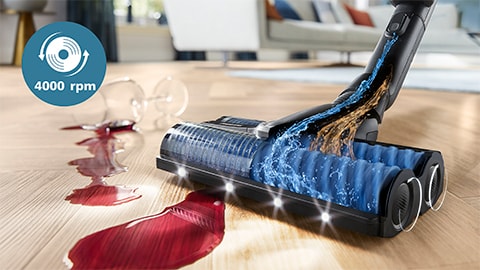 Der kabellose Philips AquaTrio Nass- und Trockensauger 9000 Series​ reinigt mit den patentierten Hochgeschwindigkeitsbürsten