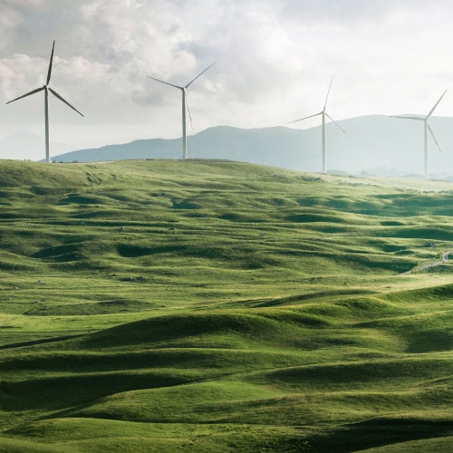 Ein Windpark mit grünen Hügeln, der für saubere Energie und Nachhaltigkeit in Unternehmen steht